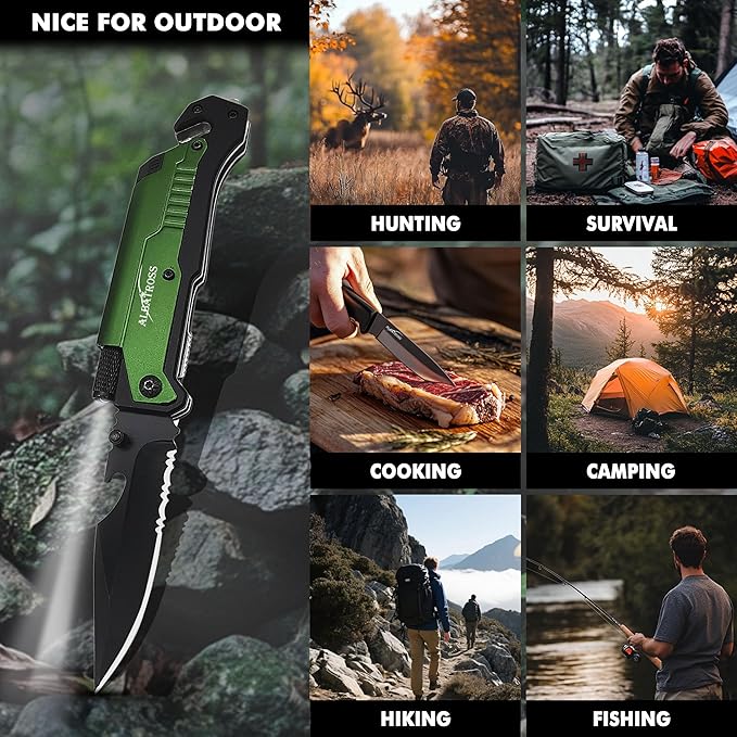 ALBATROSS 7-in-1 Folding Pocket Knife with Glass Breaker, Seatbelt Cutter, Serrated Blade, LED Flashlight, Fire Starter & Bottle Opener - Emergency & Outdoor Tool with Pouch (Green) FK01-GN