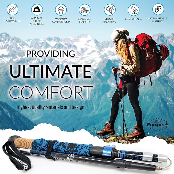 Hiking Poles Collapsible Lightweight & Adjustable - Quick Lock Foldable Trekking Poles, Hiking Sticks with Cork Grip & Foam Handle, Nordic Walking Poles for Women, Men & Seniors on Travel