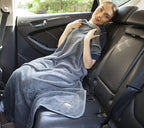 BlueHills Premium Soft Long Travel Blanket Pillow for Tall Airplane Flight Blanket Throw in Soft Bag case with Hand Luggage Belt & Backpack Clip Compact Pack Large Grey Gray T052