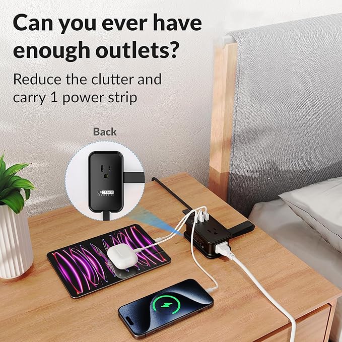 Travel Charger for Multiple Devices, Flat Plug Power Strip 3ft Adapter Extension Cord, 3 AC Outlets, 2 USB & 1 Fast Charging USB-C, No Surge Cruise Approved, Portable Power Strip
