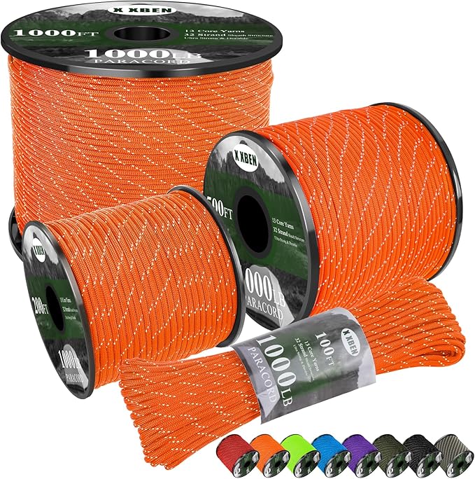 X XBEN Paracord Reflective 1000lb, 50/100/200/500/1000ft 4mm, 13 Strand Parachute Spool Cord, Heavy Duty Paracord Rope for Tent Camping, Fishing, Hiking, DIY Crafts & Survival Bracelet, Orange