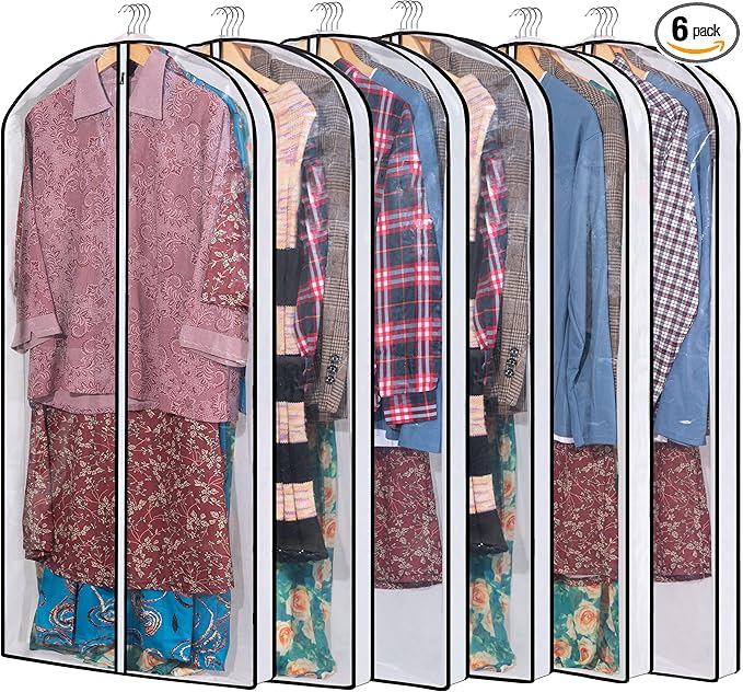 MsKitchen Hanging Clothes Storage with 4" Gusseted Garment Covers (Set of 6) - Clear Suit, Gown, Long Coat, Dress Protectors for Closet - 24"x 50"x 4" / 6 Pack