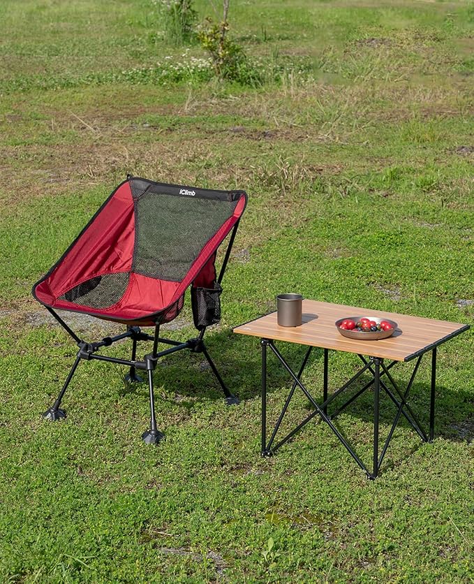 iClimb Ultralight Compact Camping Folding Beach Chair with Anti-Sinking Large Feet and Back Support Webbing (Red - Square Frame - 2PC)