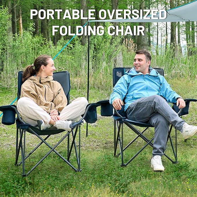 TIMBER RIDGE Oversized Folding Camping Chair Support 550 LBS, Heavy Duty Portable Chairs with Cup Holder Side Pocket for Lawn, Outdoor Picnic, Fishing, 2 Pack(Navy)
