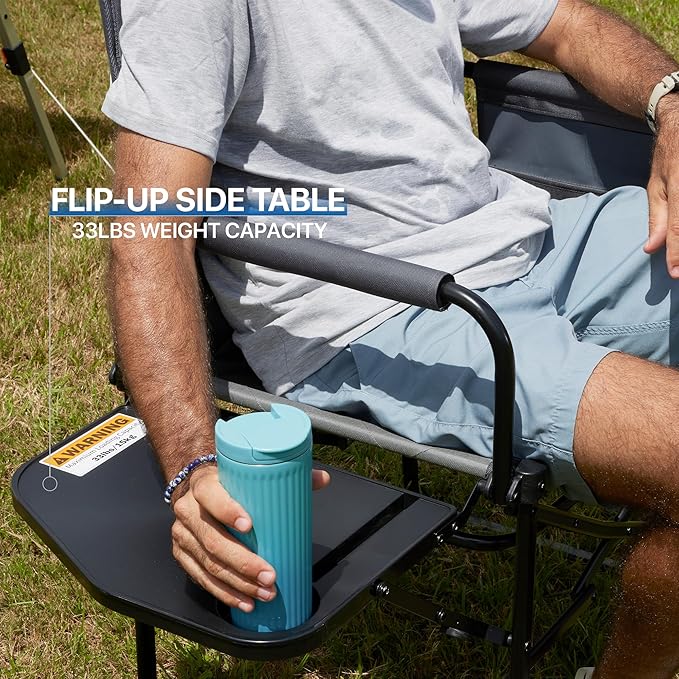 Oversized Directors Chairs Heavy Duty Folding Outdoor Chairs with Detachable Side Pocket and Adjustable Side Table for Outside,Lawn,Fishing, Folding Camping Chair up to 350Lbs Capacity (Grey)