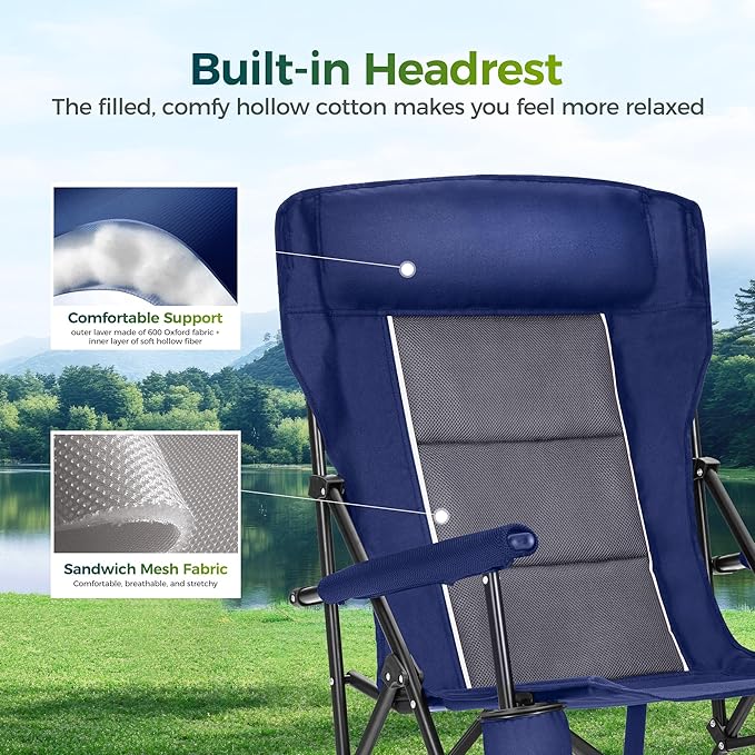 ALPHA CAMP Oversized Folding Camping Chairs High Backrest Heavy Duty Lawn Chairs for Adults Support 500 LBS Portable Camp Chairs with Cup Holders Large Side Pocket for Outdoor