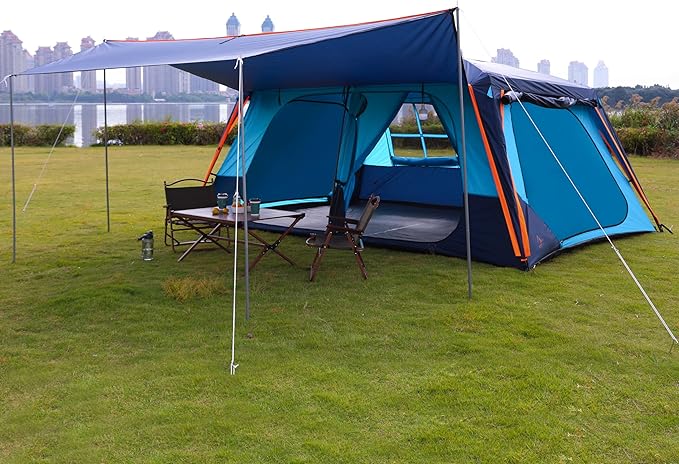 KTT Extra Large Tent 12 Person,Awning Family Cabin Tents,2 Rooms,3 Doors and 3 Windows with Mesh,Straight Wall,Waterproof,Double Layer,Big Tent for Outdoor,Picnic,Camping,Family Gathering