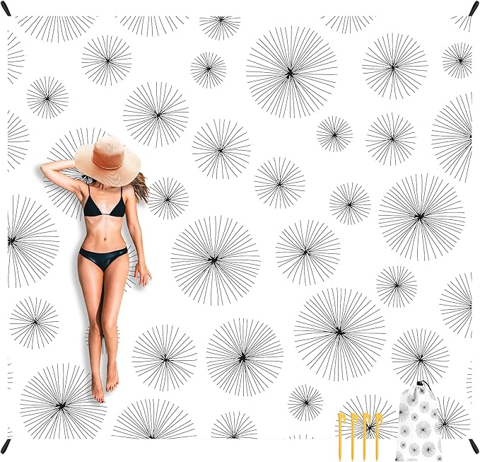 Beach Blanket, Waterproof Sandproof Beach Mat with 4 Stakes & 4 Pockets, 78''×86'' Large Compact Lightweight Sand Free Outdoor Essentials for Beach, Picnic, Travel, Camping