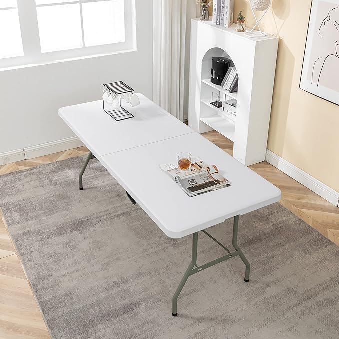 BTEXPERT Set of 5, Fold-in-Half Folding Table 6 Feet 72"x 29.5" Lightweight Portable Carrying Handle Indoor Outdoor Picnic Camping Office Home Party Wedding Event White
