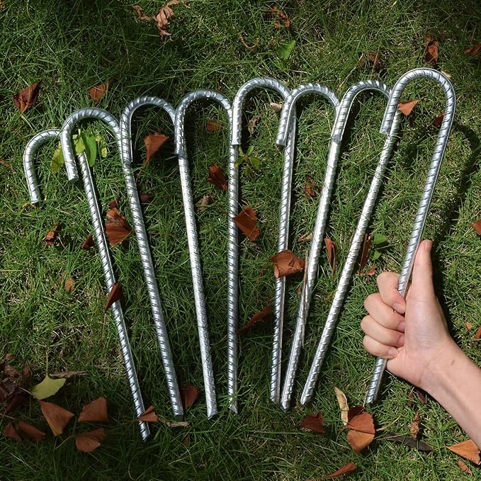 Rebar Stakes 16 inch, 3/8" Diameter Heavy Duty J Hook Stakes 8 Pack, Galvanized Anti-Rust Ground Anchor Long Tent Stakes for Dog Fence Trompoline Swing Set