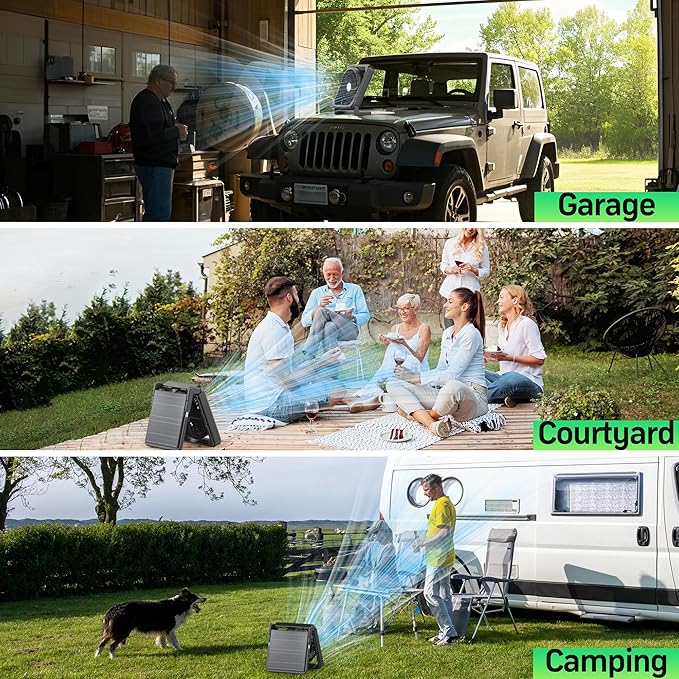 11.5 Inch Upgraded Solar Camping Fan with Light- Rechargeable Battery Fan, 10W Detachable Solar Panel, 3 Speed, 6H Timer,60° Pivot Strong Airflow for Camping Fishing RV Trips Hurricane Power Outage