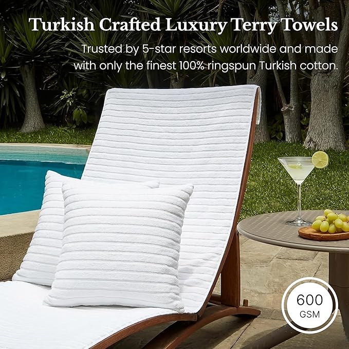 Black & White Brands Brazilian Beach/Pool/Bath Towel - Ultimate Absorbent Luxury XL 36x70 100% Cotton Wave (4 White Towels, Poly Pinstripe)