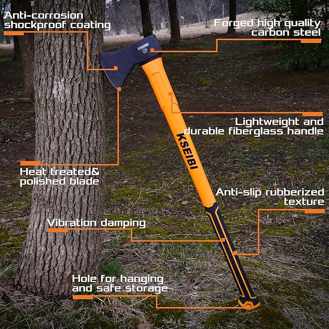 KSEIBI 36-Inch Splitting Axe - Forged Carbon Steel, Wood Chopper & Kindling Axe for Chopping, Heavy-Duty Maul with Ergonomic Fiberglass Handle, Shock Reduction, Anti-Slip Grip