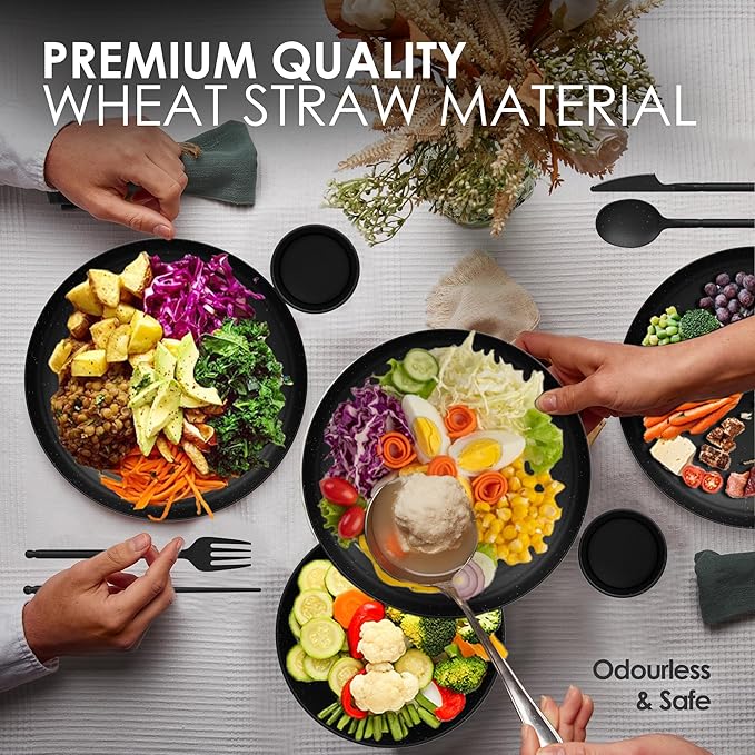 Wheat Straw Dinnerware Sets For 4 - Alternate To Black Plastic Dishes - Dishwasher Microwave Safe Plates And Bowls Sets - Unbreakable Wheat Straw Plates And Bowls - Camping Dishes