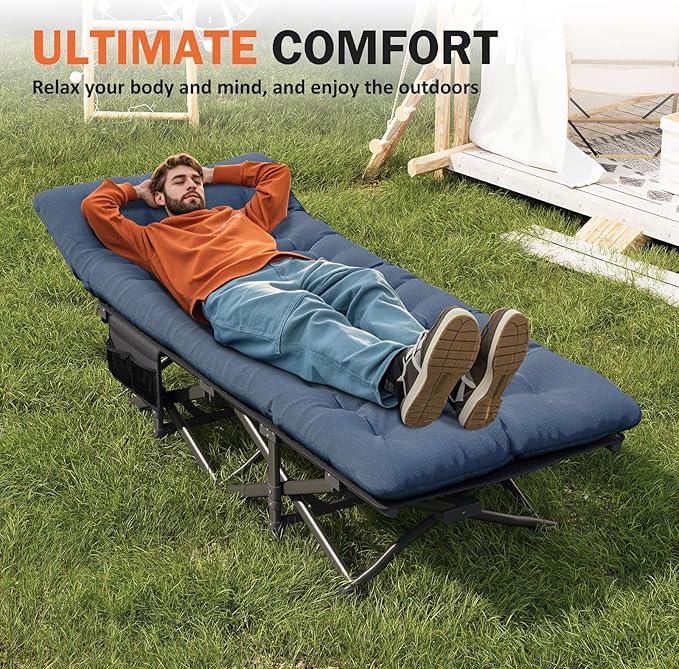 ATORPOK Camping Cot for Adults with Cushion Comfortable, Portable Folding Bed for Sleeping Supports 450 lbs (Blue)