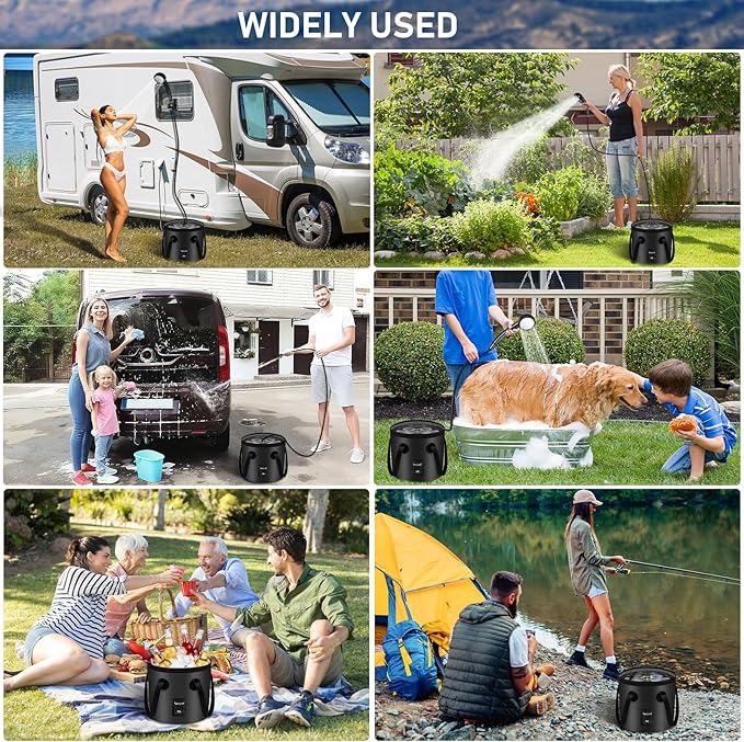 Portable Shower for Camping, Rechargeable Camping Shower with Collapsible Bucket with Handle 20L Intelligent LED Display, 4 Spray Modes, Outdoor Shower Kit for Hiking, Travel, Car, Pet 【Black】