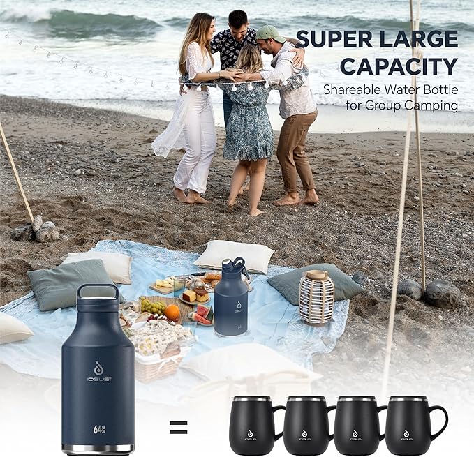 IDEUS Insulated Stainless Steel Water Bottle with 2 Leak-Proof Lids, Thermal Water Flask for Hiking Biking, 64oz, Navy Blue
