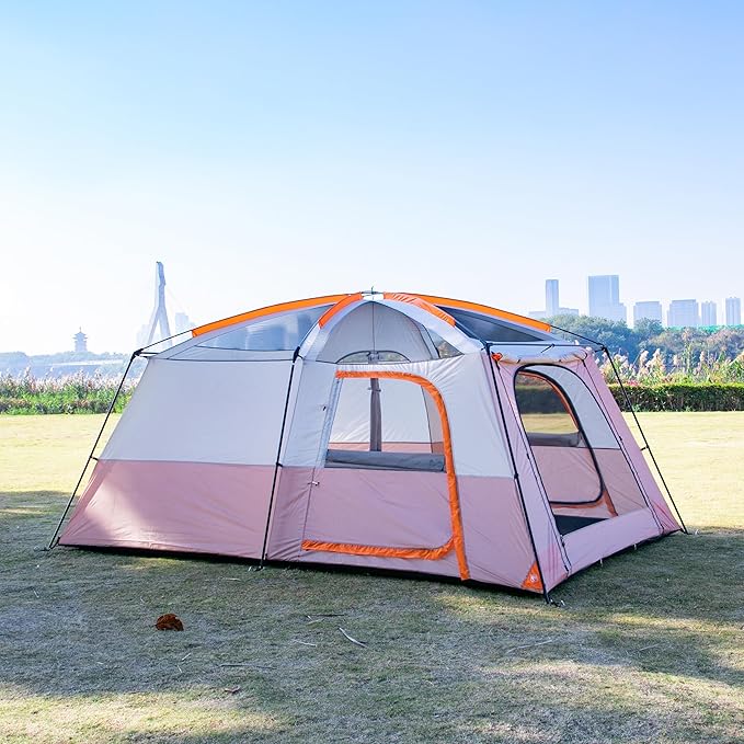 KTT Large Family Cabin Tent 10-12 Person,14.1X10X6.58ft,2 Rooms,3 Storage Pockets,2 Bay-Windows 3 Doors and 3 Windows with Mesh,Straight Wall,Waterproof,Double Layer,Big Tent for Outdoor,Camping