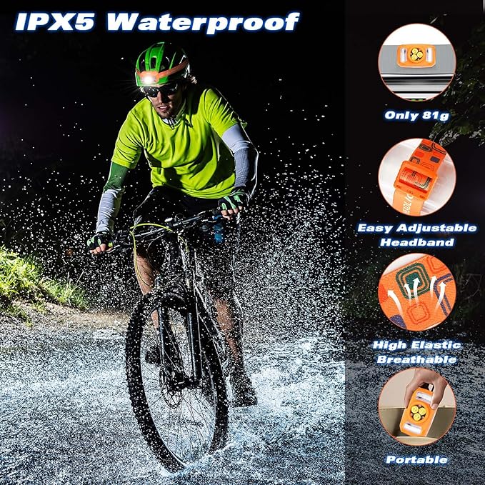 Rechargeable Headlamp Flashlight,Super Bright LED Head Torches,Sensor Control, 6 Light Settings, IPX5 Waterproof & Lightweight, Ideal for Camping, Running & Hiking Outdoor (2, Orange)