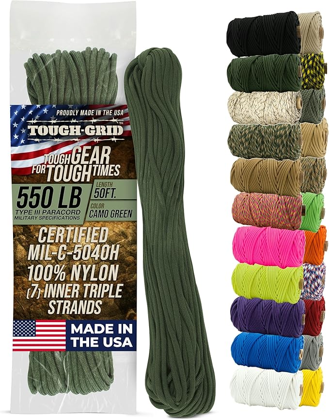 TOUGH-GRID 550 Paracord Rope Nylon Parachute Cord, Made in USA Survival Kit, Outdoor Adventures, Camping, Tactical Gear & Emergency Supplies, Military Type III Mil-Spec