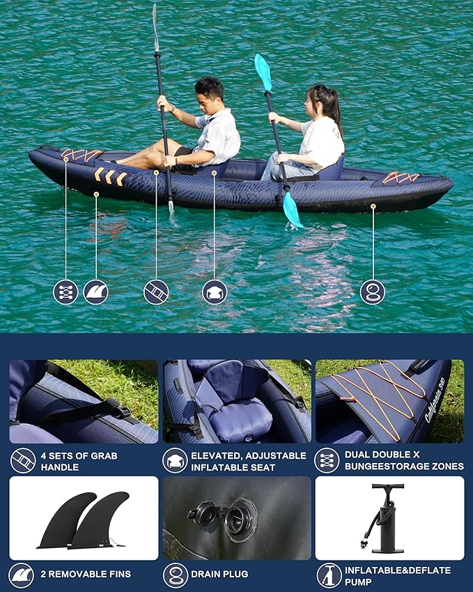 Inflatable Kayak 2 Person, Tandem Kayak, Foldable Kayaks for Adults, with Kayak Fin, 2 Aluminum Paddles, 2 Padded Seats, Hand Pump and Travel Backpack