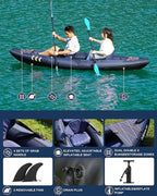 Inflatable Kayak 2 Person, Tandem Kayak, Foldable Kayaks for Adults, with Kayak Fin, 2 Aluminum Paddles, 2 Padded Seats, Hand Pump and Travel Backpack