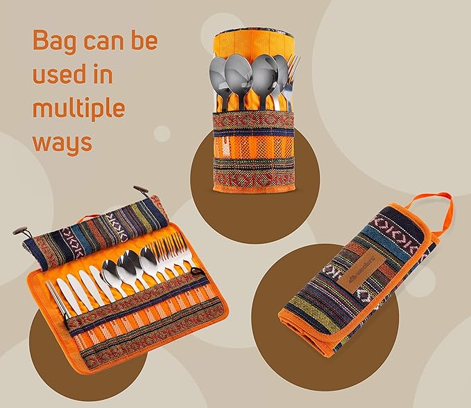 13 Piece Stainless Steel Family Cutlery Picnic Utensil Set with Travel Case for Camping | Hiking | BBQs - Includes Forks | Spoons | Knifes | Chopstick, Plus Nylon Commuter Case (Orange)