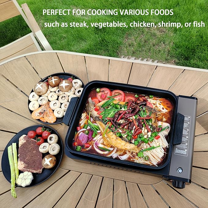 ONLYFIRE Butane Stove with Grill Pan, Portable Stove with Small Griddle & Lid, Camping Stove Instant Ignition, Camp Stove for Cooking, Patio Backyard, Camping, RV and Emergency Use, GS349