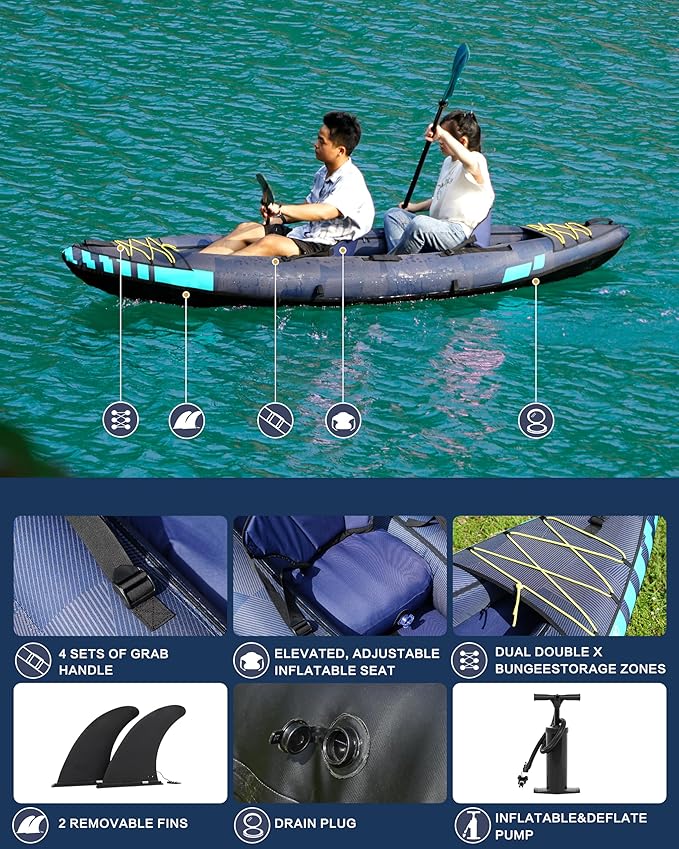Inflatable Kayak 2 Person, Tandem Kayak, Foldable Kayaks for Adults, with Kayak Fin, 2 Aluminum Paddles, 2 Padded Seats, Hand Pump and Travel Backpack