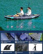 Inflatable Kayak 2 Person, Tandem Kayak, Foldable Kayaks for Adults, with Kayak Fin, 2 Aluminum Paddles, 2 Padded Seats, Hand Pump and Travel Backpack