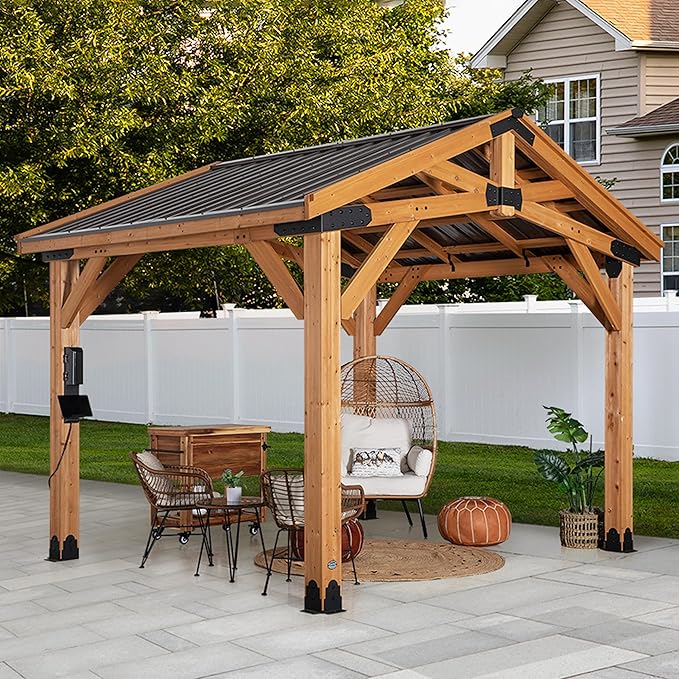 Backyard Discovery Norwood 12 ft. x 10 ft. Cedar Wood Gazebo Pavilion,Thermal Insulated Hard Top Steel Roof, Durable, Supports Snow Loads and Wind Speed, Rot Resistant, Backyard, Deck, Garden, Patio