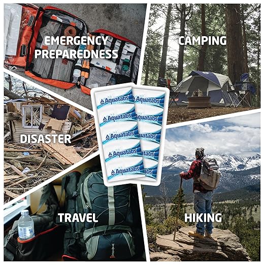 Aquatabs 49mg Water Purification Tablets (50 Pack). Water Filtration System for Hiking, Backpacking, Camping, Emergencies, Survival, and Home-Use. Easy to Use Treatment and Disinfection.