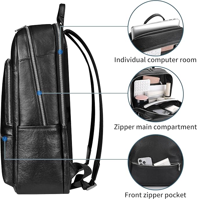 Large Black Leather Backpack for Men, 17.3 Inch Genuine Leather Laptop Backpack for Men, Minimalist Luxury Executive Computer Backpack for Travel Work