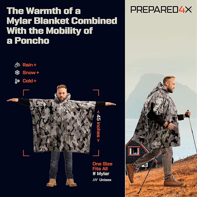 PREPARED4X Emergency Poncho and Mylar Blanket Liner - Waterproof, Wind-Resistant Outdoor Rain Poncho for Camping, Emergencies