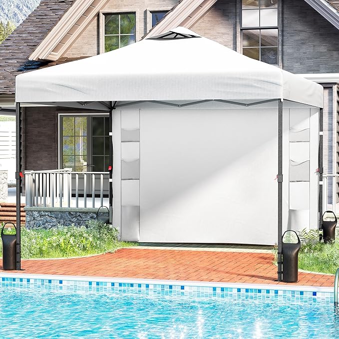 10'x10' Pop Up Canopy Tent with 1 Sidewall and 6 Pockets, One Push Setup, Instant Shade Tent with Vented Roof for Beach Patio Outdoor, Case, 8 Stakes, 4 Ropes, 4 Sandbags (White)