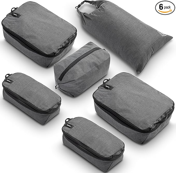 Premium Compression Packing Cubes for Travel, Compression Packaging Cube, Zip Bags Premium 6-Piece Set with laundry bag and shoe bag by TRIPPED Travel Gear (Grey)