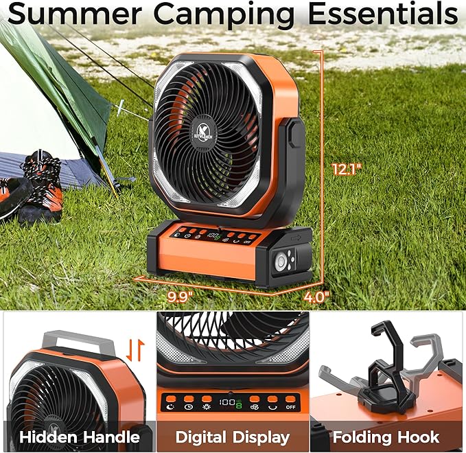 Camping Fan with Light - 20000mAh Rechargeable Battery Fan, 112Hrs Max Run Time, 8 Speeds, Digital Display, Timer, Auto Oscillation, 270° Pivot & Hook for Camping, Power Outage, Hurricane (Orange)