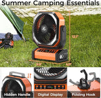 Camping Fan with Light - 20000mAh Rechargeable Battery Fan, 112Hrs Max Run Time, 8 Speeds, Digital Display, Timer, Auto Oscillation, 270° Pivot & Hook for Camping, Power Outage, Hurricane (Orange)