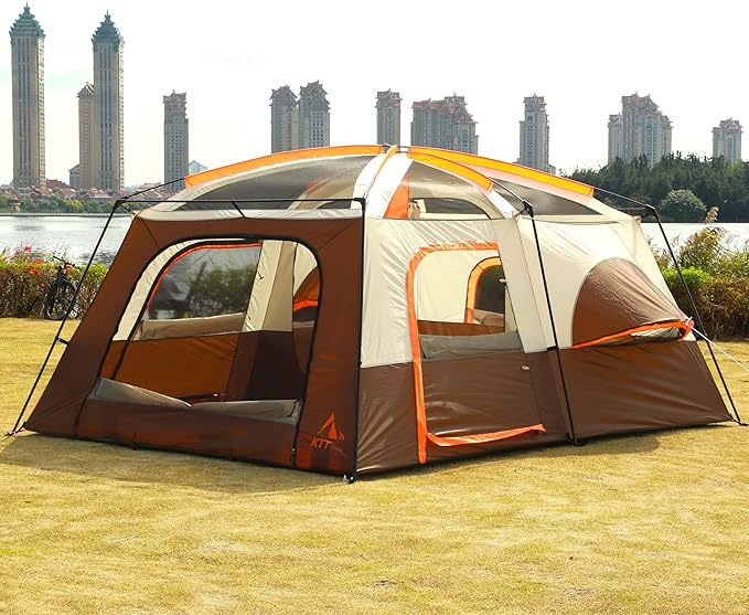 KTT Large Family Cabin Tent 10-12 Person,14.1X10X6.58ft,2 Rooms,3 Storage Pockets,2 Bay-Windows 3 Doors and 3 Windows with Mesh,Straight Wall,Waterproof,Double Layer,Big Tent for Outdoor,Camping