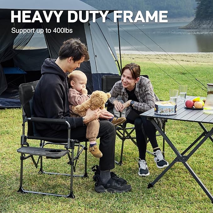 EVER ADVANCED Camping Directors' Chair with Side Table, Portable Folding with Compact Size, Heavy Duty Lawn Chair with Pocket for Camping, Lawn, Sports and Fishing, 400lbs, Black 2 Pack