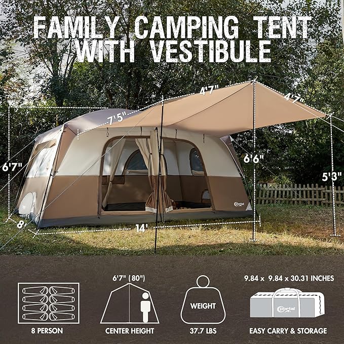PORTAL 8 Person Tents for Camping, Easy Setup Cabin Tent with Large Porch, 2 Room, Waterproof Family Camping Tent for Outdoor Camping, Patio