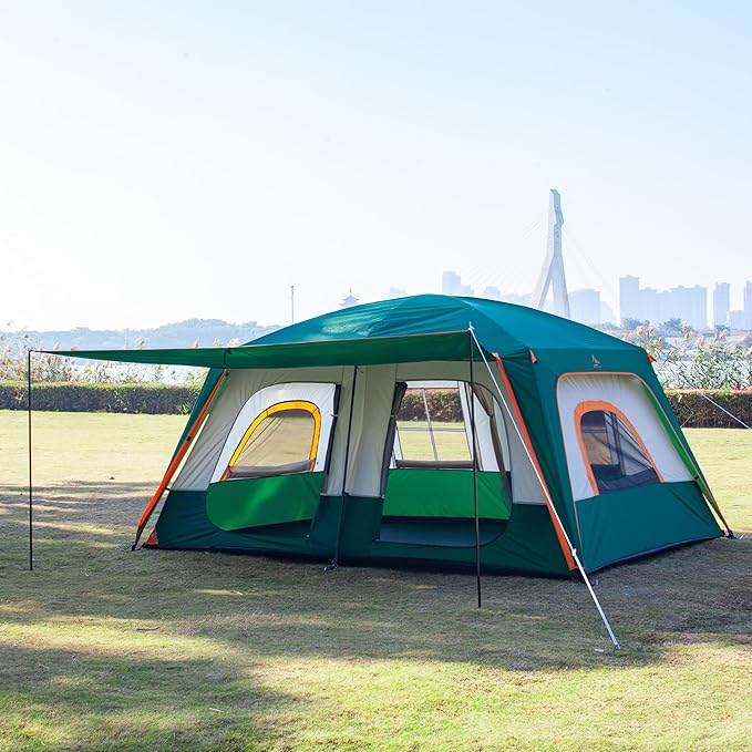 KTT Large Family Cabin Tent 10-12 Person,14.1X10X6.58ft,2 Rooms,3 Storage Pockets,2 Bay-Windows 3 Doors and 3 Windows with Mesh,Straight Wall,Waterproof,Double Layer,Big Tent for Outdoor,Camping