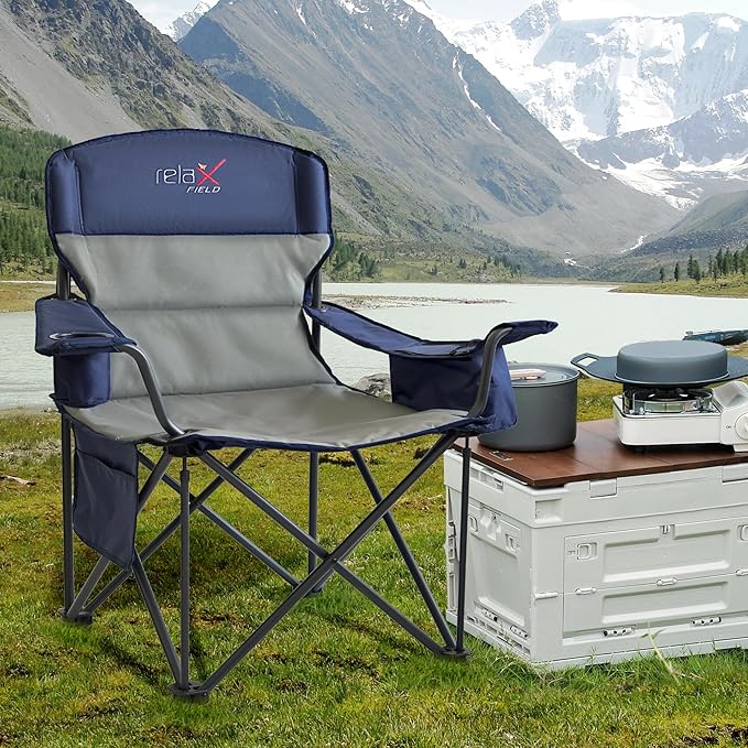 2 Pack Oversized Folding Camping Chair, Heavy Duty Support 500LBS Outdoor Chair with Cup Holder Storage and Cooler Pouch, Collapsible Padded Arm Chair for Sports Garden Beach Fishing, Blue