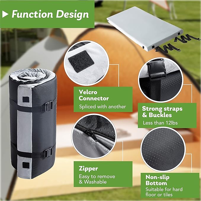 Memory Foam Camping Mattress 2.5 inch, Kids Portable Roll Up Camping Sleep Topper with Waterproof and Non-Slip Bottom, Camping Car Mat with Travel Bag, 63"×26"×2.5", Grey