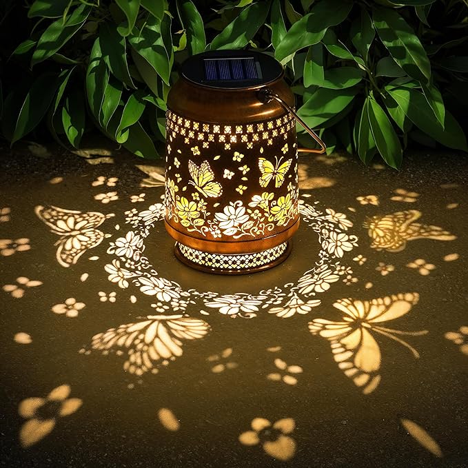 Butterfly Outdoor Solar Lanterns Decor, Nelyeqwo Waterproof Hanging Solar Lights Gifts for Women Men Metal Lantern Decor for Garden Patio Lawn Porch Backyard Tabletop Pathway Landscape