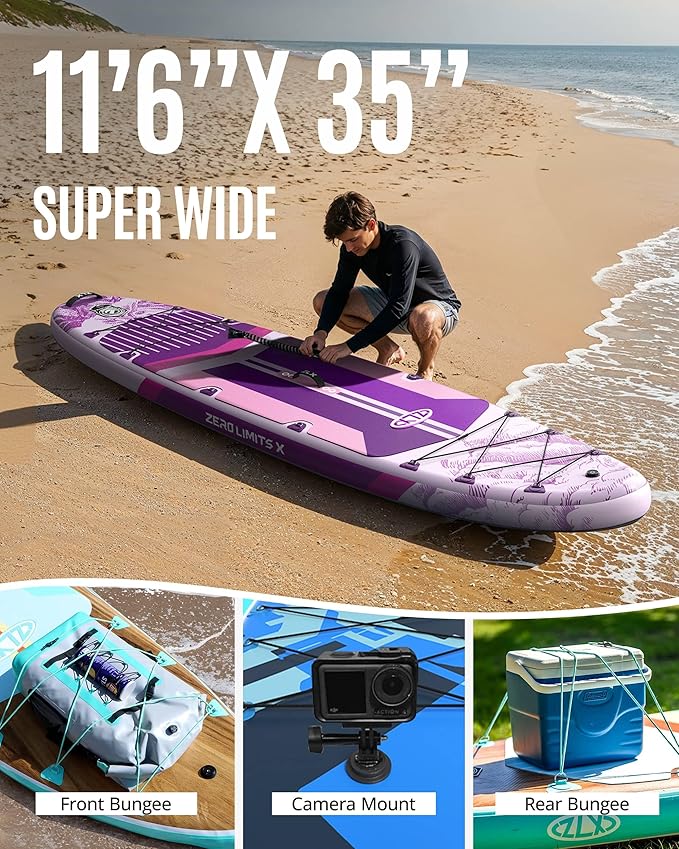 ZLX 11'6" Extra Wide Inflatable Stand Up Paddle Board SUP, Stable Non-Slip Deck Pad, Unique Fin System and Premium iSUP Accessories - Portable Backpack & Upgraded Pump for Adults, All Skill Levels