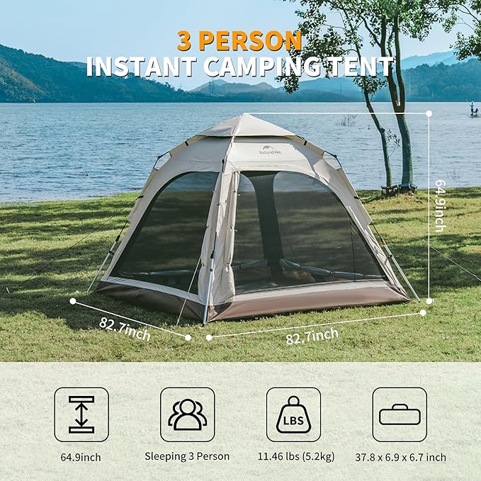 Naturehike Upgraded Ango 3-4 Person Blackout Tent,Instant Pop up Tents for Camping, Waterproof Anti-UV Camping Tent