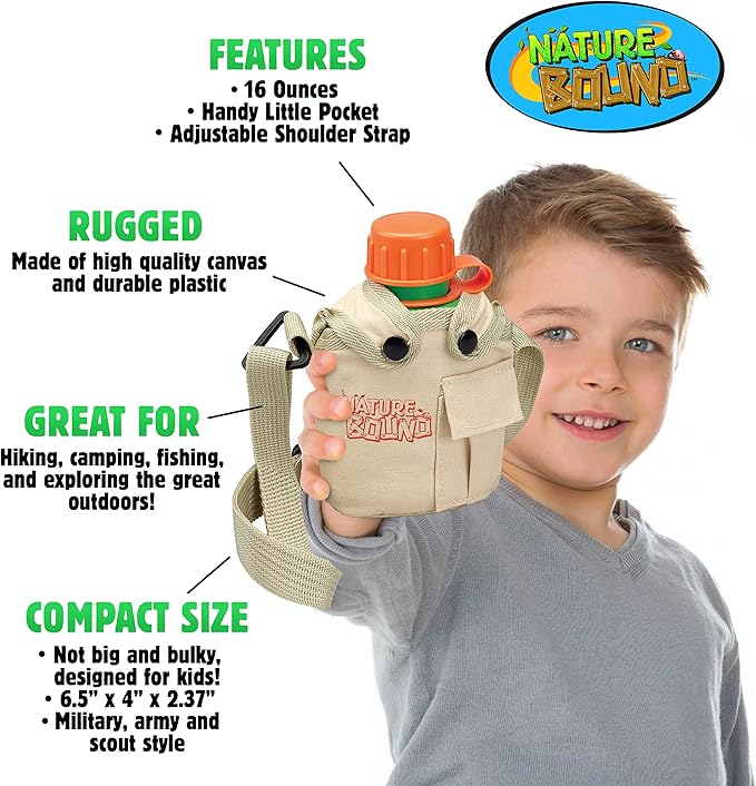 Nature Bound Water Hydration Canteen for Little Kids with Handy Pocket, Adjustable Strap, Snap On Canvas Cover, 16 Ounce Capacity, and Screw-On Lid (for Little Boys and Girls Age 3 and Up)