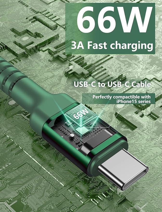 USB C Cable 3FT, 2Pack USBC to USBC Fast Charging Cable 66W, iPhone USB C Charger Cable Short USB Type C to C Cord Nylon Braided for iPhone 17/16/15/Pro Max/Plus/Samsung Galaxy S23/LG and More-Green