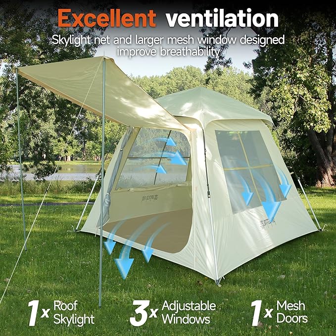 Instant Pop Up Camping Tent - 7'×7' 4 Person, 5-Sided Ventilation, UV-Blocking Top & Hexagonal Awning, Portable for Patio/Beach